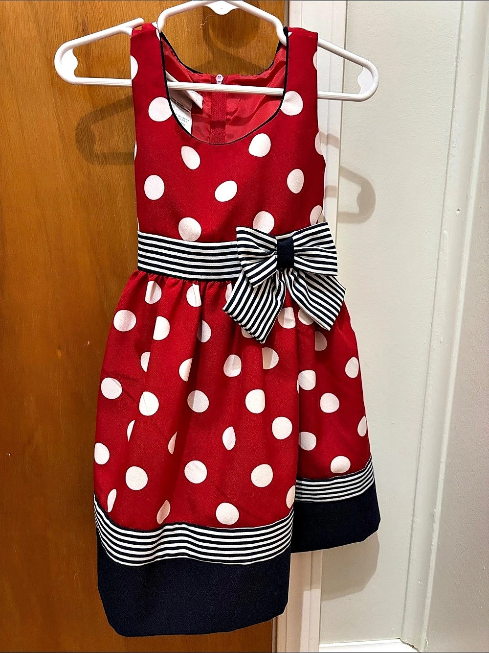 Bonnie Jean Red Polka Dot Dress with Navy Striped Trim